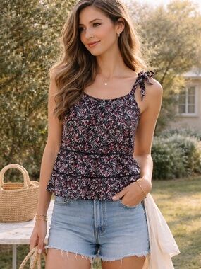 Bobeau Floral Tie Strap Tank Top Coquette Cottagecore Lightweight Small